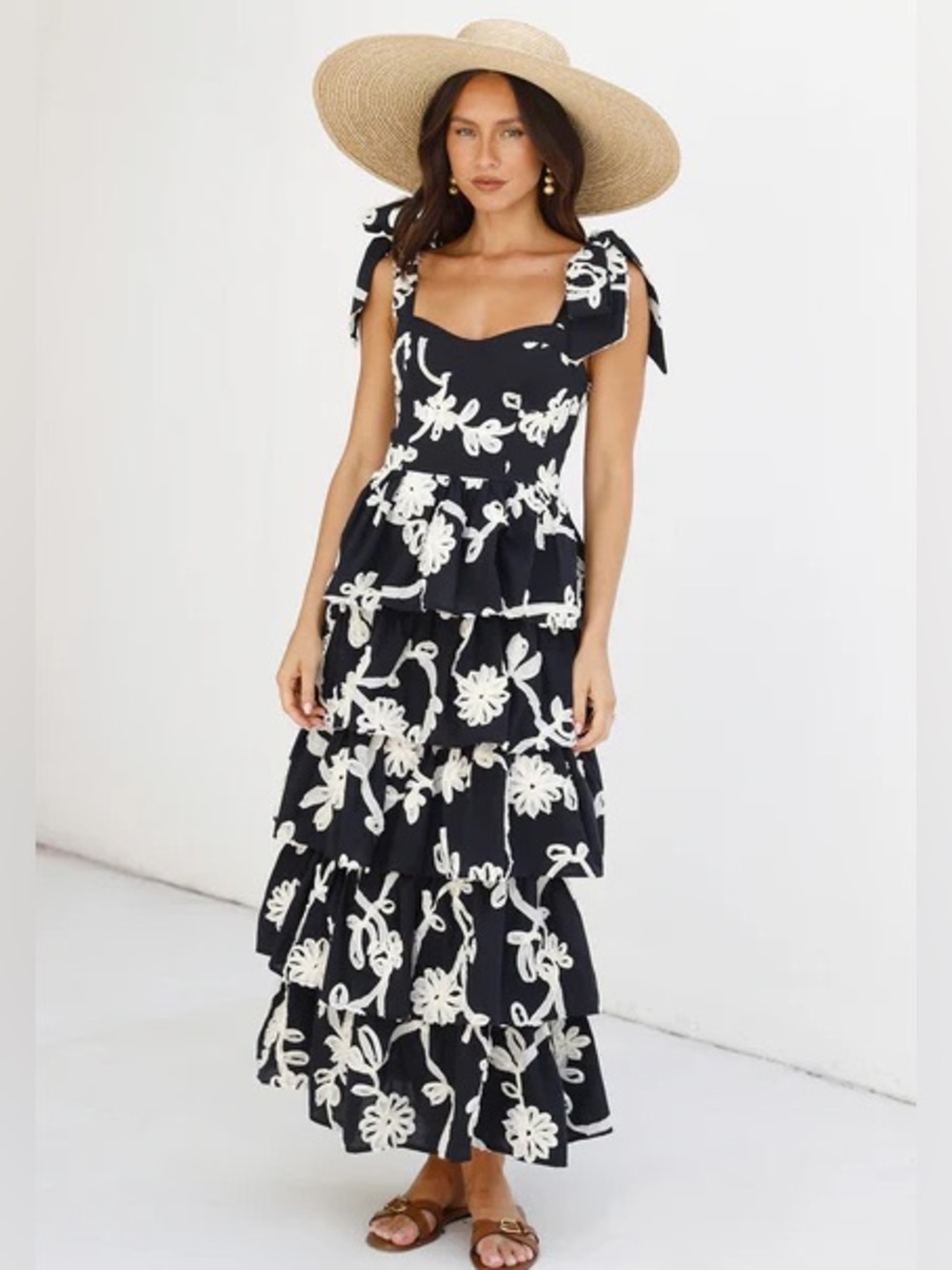 Savannah Taylor Jacquelyn Party Midi Dress | Black with White Floral Embroidery